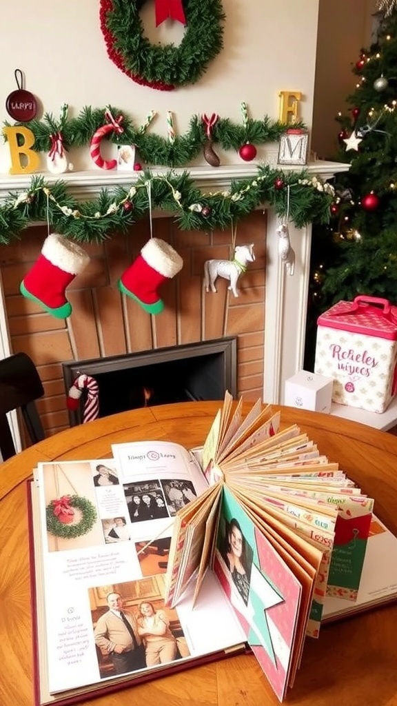 A collection of repurposed Christmas cards displayed as a garland, ornaments, and a scrapbook on a festive mantel.
